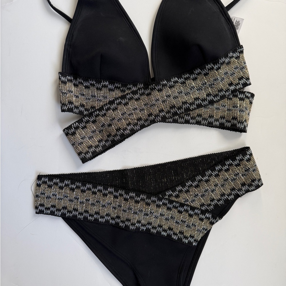 River Island Black Metallic Gold Plunge Wrap Bikini Set
